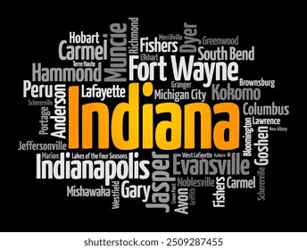 List of cities in Indiana - the U.S. state located in the Midwestern and Great Lakes regions of North America, word cloud concept background