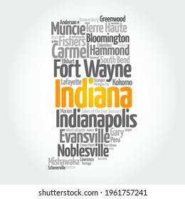 List of cities in Indiana USA state, map silhouette word cloud map concept background