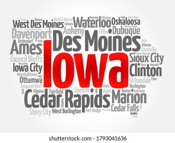 List of cities in Iowa USA state, map silhouette word cloud, map concept background