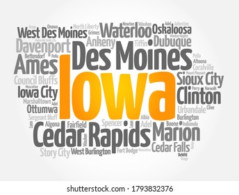 List of cities in Iowa USA state, map silhouette word cloud, map concept background