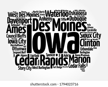 List of cities in Iowa USA state, map silhouette word cloud, map concept background