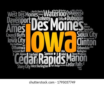 List of cities in Iowa USA state, map silhouette word cloud, map concept background