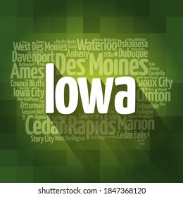 List of cities in Iowa USA state, map silhouette word cloud, map concept background