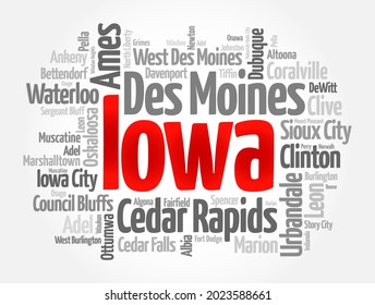 List of cities in Iowa USA state, word cloud concept background