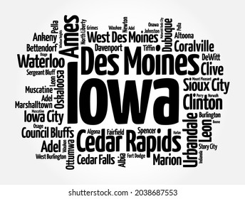 List of cities in Iowa USA state, word cloud concept background