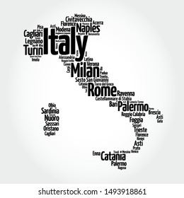 List of cities in Italy, map silhouette word cloud, travel concept background