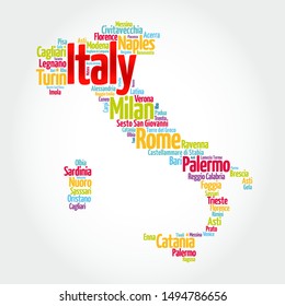 List of cities in Italy, map silhouette word cloud, travel concept background