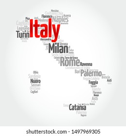 List of cities in Italy, map silhouette word cloud, travel concept background