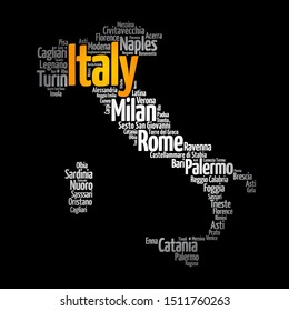 List of cities in Italy, map silhouette word cloud, travel concept background