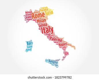 List of cities in Italy, map silhouette word cloud, travel concept background