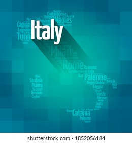 List of cities in Italy, map silhouette word cloud, travel concept background
