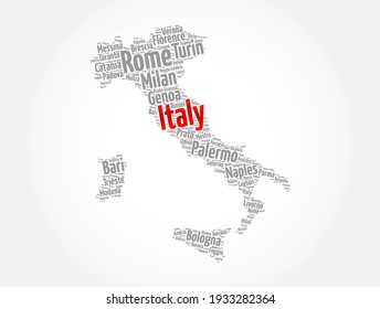List of cities in Italy, map silhouette word cloud, travel concept background