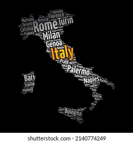 List of cities in Italy, map silhouette word cloud, travel concept background