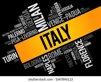 List of cities in Italy, word cloud collage, travel concept background