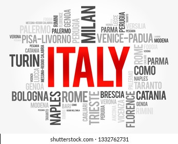 List of cities in Italy, word cloud collage, travel concept background