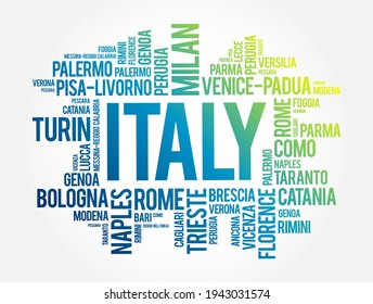 List of cities in Italy, word cloud collage, travel concept background