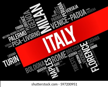 List of cities in Italy, word cloud collage, travel concept background