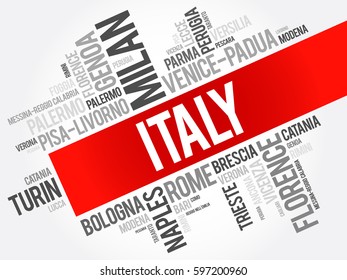 List of cities in Italy, word cloud collage, travel concept background