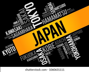 List of cities in Japan, word cloud collage, travel concept background
