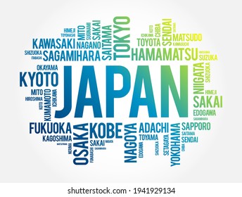 Lista de ciudades de Japón, collage de palabras en la nube, antecedentes de concepto de viajes