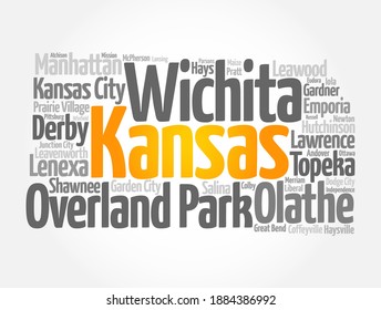 List of cities in Kansas USA state, map silhouette word cloud, map concept background