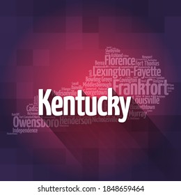 List of cities in Kentucky USA state, map silhouette word cloud map concept