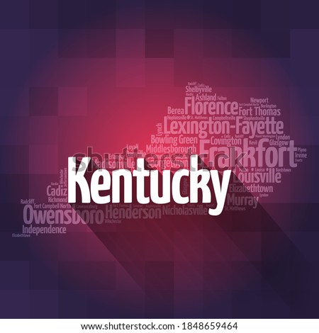 List of cities in Kentucky USA state, map silhouette word cloud map concept