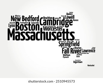 List of cities in Massachusetts - a state in the New England region of the northeastern United States, colonial history, diverse culture, prestigious universities, map silhouette word cloud