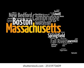 List of cities in Massachusetts - a state in the New England region of the northeastern United States, colonial history, diverse culture, prestigious universities, map silhouette word cloud