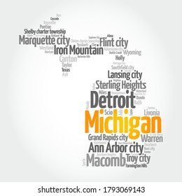 List of cities in Michigan USA state, map silhouette word cloud, map concept background