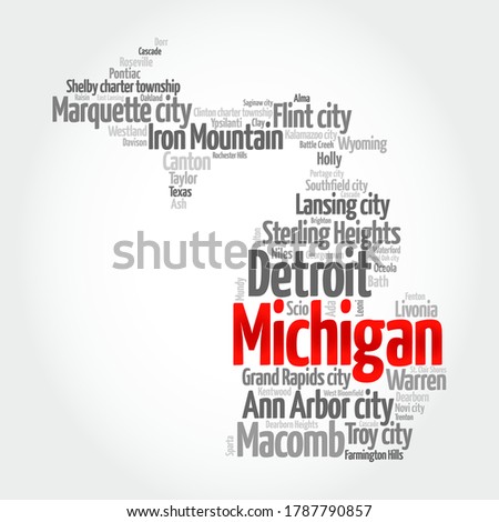 List of cities in Michigan USA state, map silhouette word cloud, map concept background
