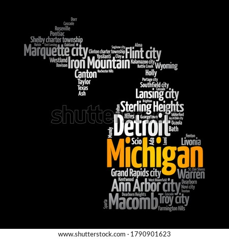 List of cities in Michigan USA state, map silhouette word cloud, map concept background
