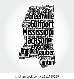 List of cities in Mississippi USA state, map silhouette word cloud map concept