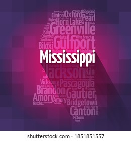 List of cities in Mississippi USA state, map silhouette word cloud map concept