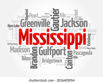 List of cities in Mississippi USA state, word cloud concept background