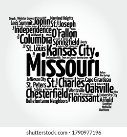 List of cities in Missouri USA state, map silhouette word cloud, map concept background