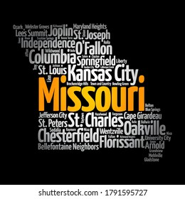 List of cities in Missouri USA state, map silhouette word cloud, map concept background