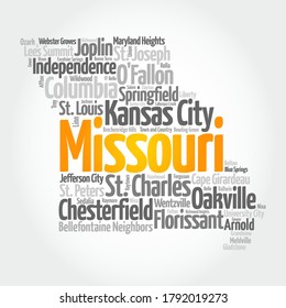 List of cities in Missouri USA state, map silhouette word cloud, map concept background