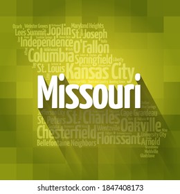 List of cities in Missouri USA state, map silhouette word cloud, map concept background