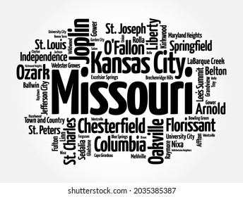 List of cities in Missouri USA state, word cloud concept background