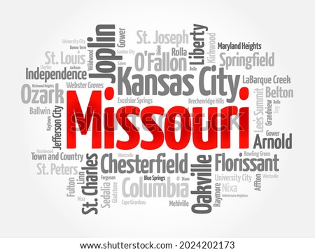 List of cities in Missouri USA state, word cloud concept background