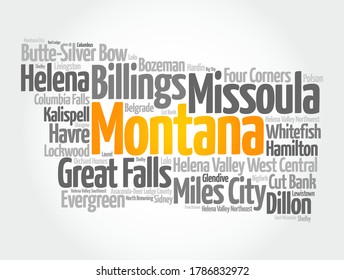 List of cities in Montana USA state, map silhouette word cloud, map concept background