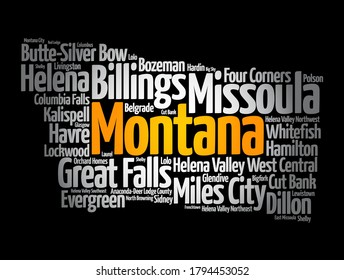 List of cities in Montana USA state, map silhouette word cloud, map concept background