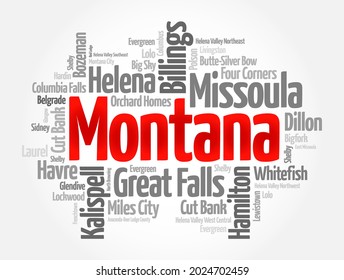 List of cities in Montana USA state, word cloud concept background