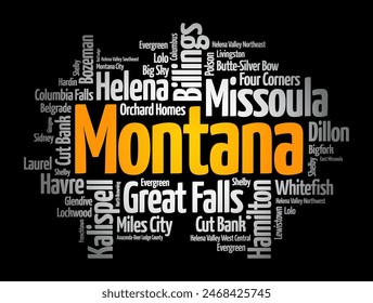 List of cities in Montana USA state, word cloud concept background