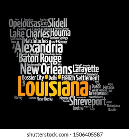 List of cities and municipalities in Louisiana USA state, map silhouette word cloud map concept