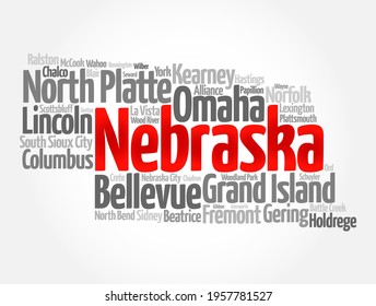 List of cities in Nebraska state - is a state located in the Midwestern region of the United States, map silhouette word cloud map concept background