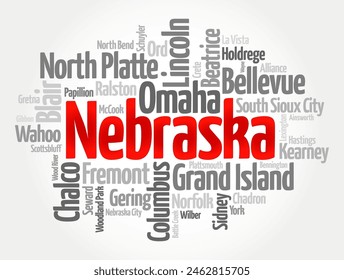 List of cities in Nebraska state - is a state located in the Midwestern region of the United States, word cloud concept background