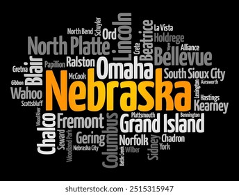 List of cities in Nebraska state - is a state located in the Midwestern region of the United States, word cloud concept background