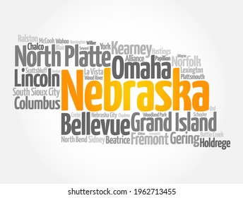 List of cities in Nebraska USA state, map silhouette word cloud map concept background